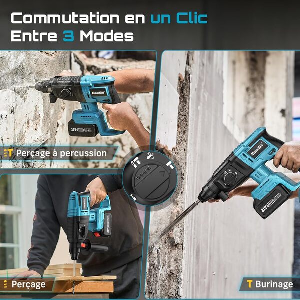 SEESII Marteau Perforateur Sans Fil: 600W, 2,5J D'Énergie D'Impact, Brushless, 3 Fonctions, SDS-PLUS, 2x 4,0Ah Batteries, Chargeur, Forets, Burins, Idéal Pour Le Bricolage Et Les Rénovations
