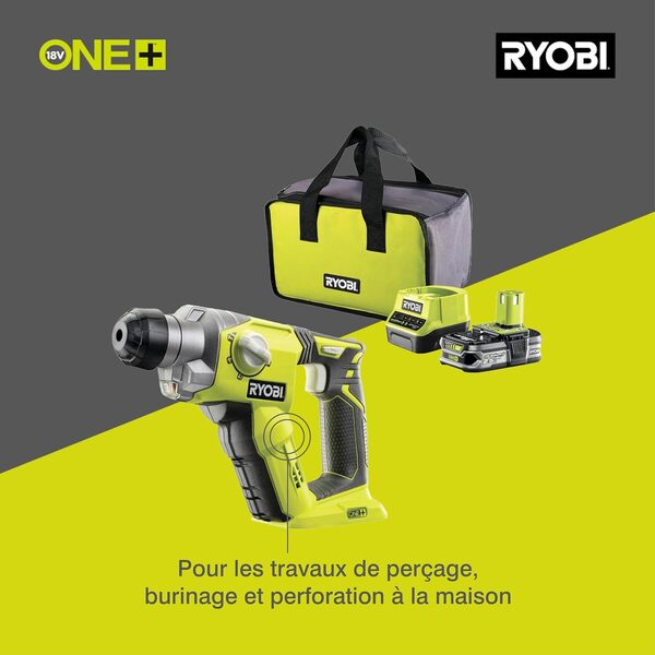 RYOBI - Perforateur SDS+ Sans Fil 18V ONE+ R18SDS-125S – 4 Modes, Mandrin SDS+, Batterie 2.5Ah + Chargeur Inclus, Idéal Béton et Maçonnerie