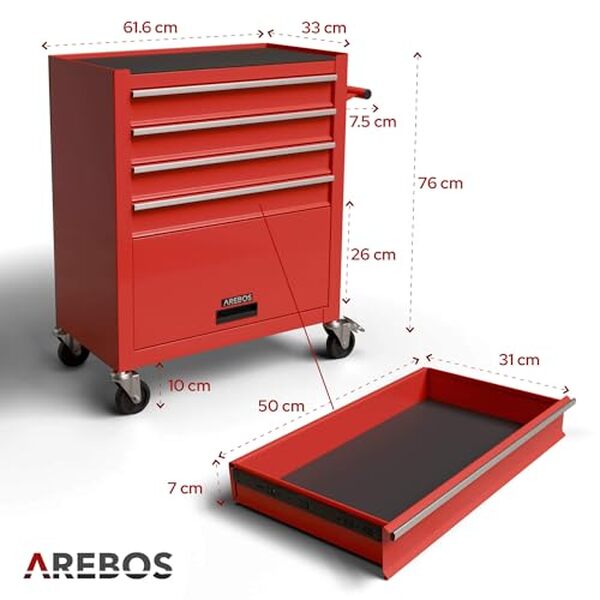 Découvrez l'efficacité de la servante d'atelier AREBOS avec ses 81 outils et freins pratiques pour un atelier organisé et performant.