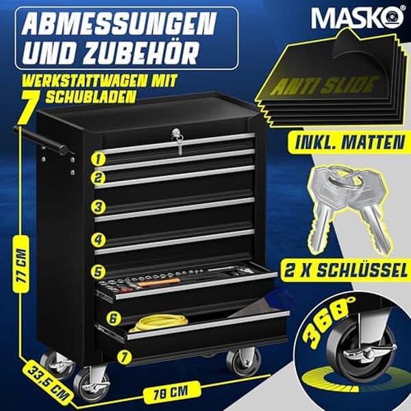 Découvrez notre analyse approfondie de la servante d'atelier MASKO® 7 tiroirs, un chariot à outils mobile en métal noir conçu pour optimiser votre espace de travail.