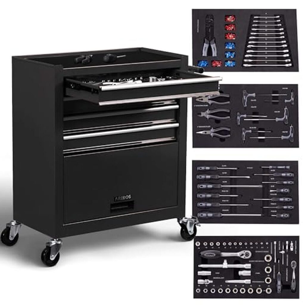 Test du chariot d'atelier AREBOS : 4 tiroirs à roulement et 81 outils