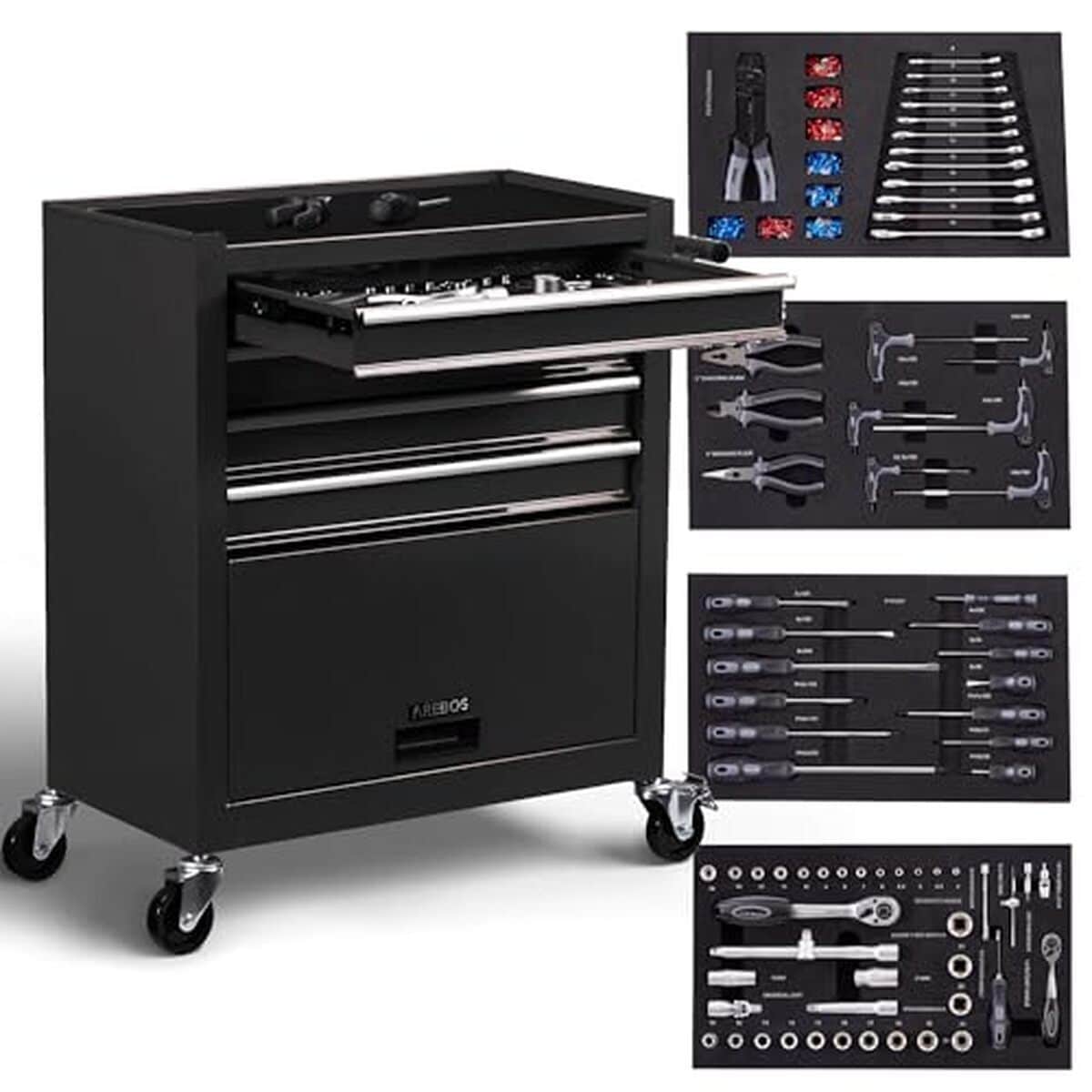 Test du chariot d'atelier AREBOS : 4 tiroirs à roulement et 81 outils