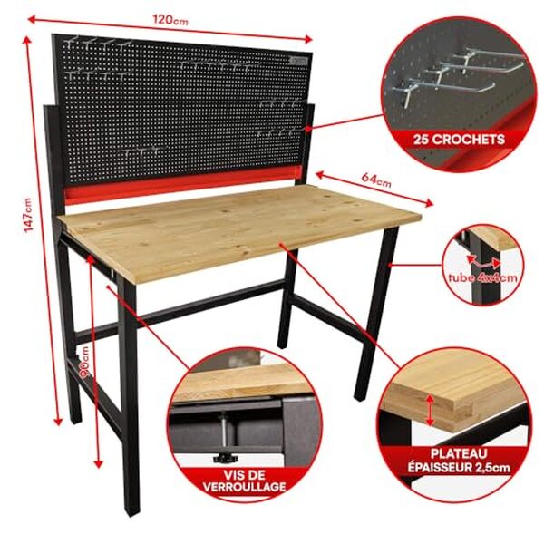 Découvrez notre établi mural pliable 120x64 cm équipé d'un panneau perforé. Solution compacte et pratique pour votre atelier ou garage. Rangement optimisé et fonctionnalités professionnelles.