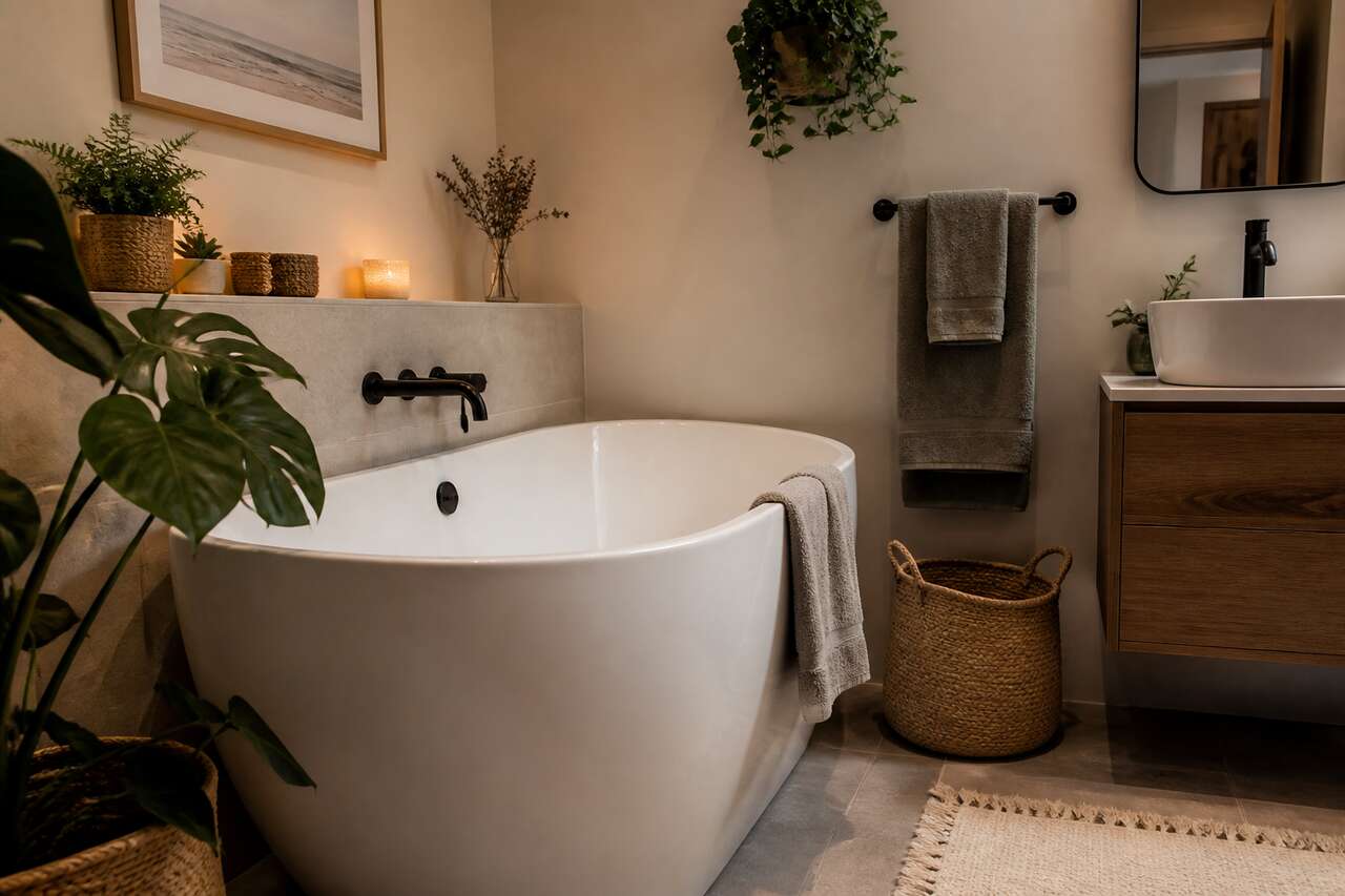 Rendre une petite salle de bains chaleureuse avec une semi-&icirc;lot: choix d&eacute;co et astuces d&rsquo;ambiance