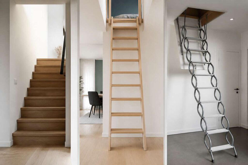 Différences entre escalier standard, échelle de meunier et escalier escamotable