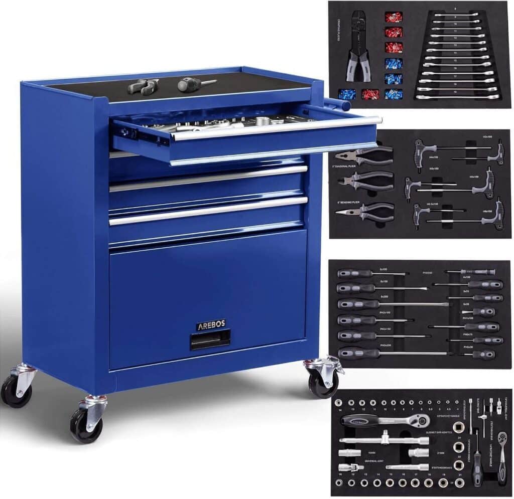 Test : servante d'atelier AREBOS 4 compartiments 81 pièces